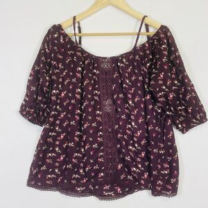 Angie Burgundy Floral Off Shoulder 3/4 Sleeve‎ Blouse Top Shirt Womens Small NEW
